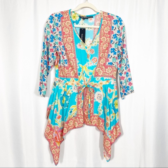 Anthropologie X Tolani Collection Patchwork Floral Boho Top Handkerchief Hem - Picture 2 of 12